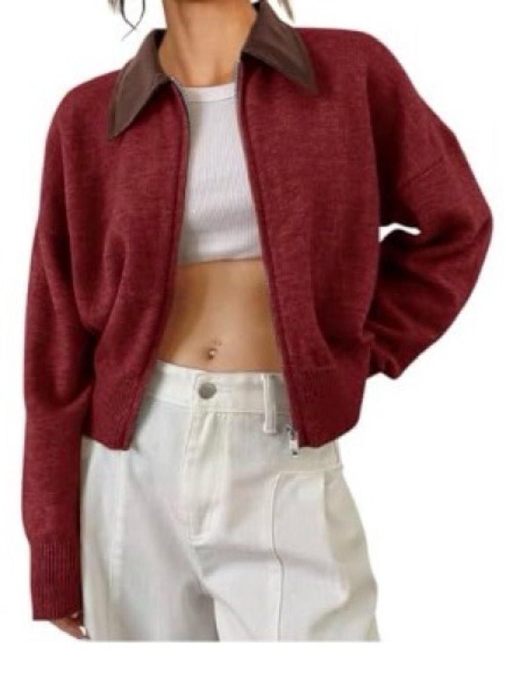 NWT Saodimallsu Womens Zip Up Barn Jacket Cropped Faux Leather Collared size S